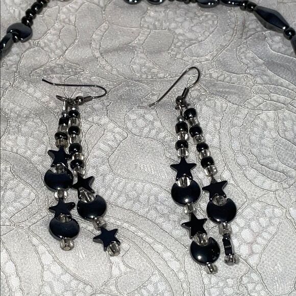 Elegant Celestial Stars and Moon Hematite Necklace and Earring Set - Picture 2 of 4